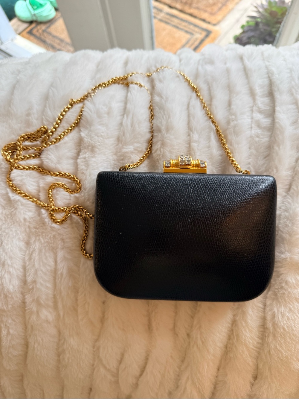 RODO Black Leather Evening Crossbody with Gold Chain